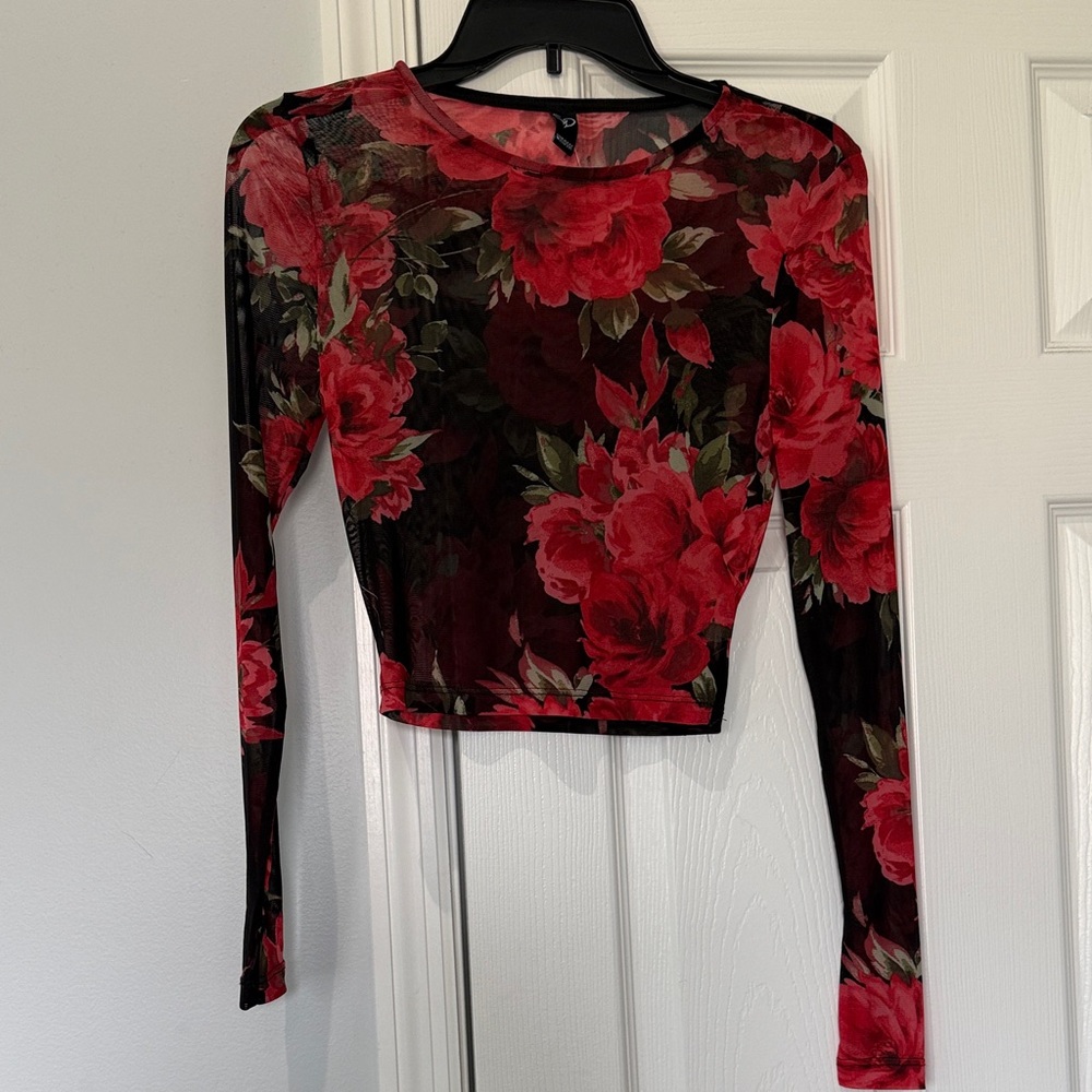 Windsor Sheer Red Floral Long-Sleeve Crop Top